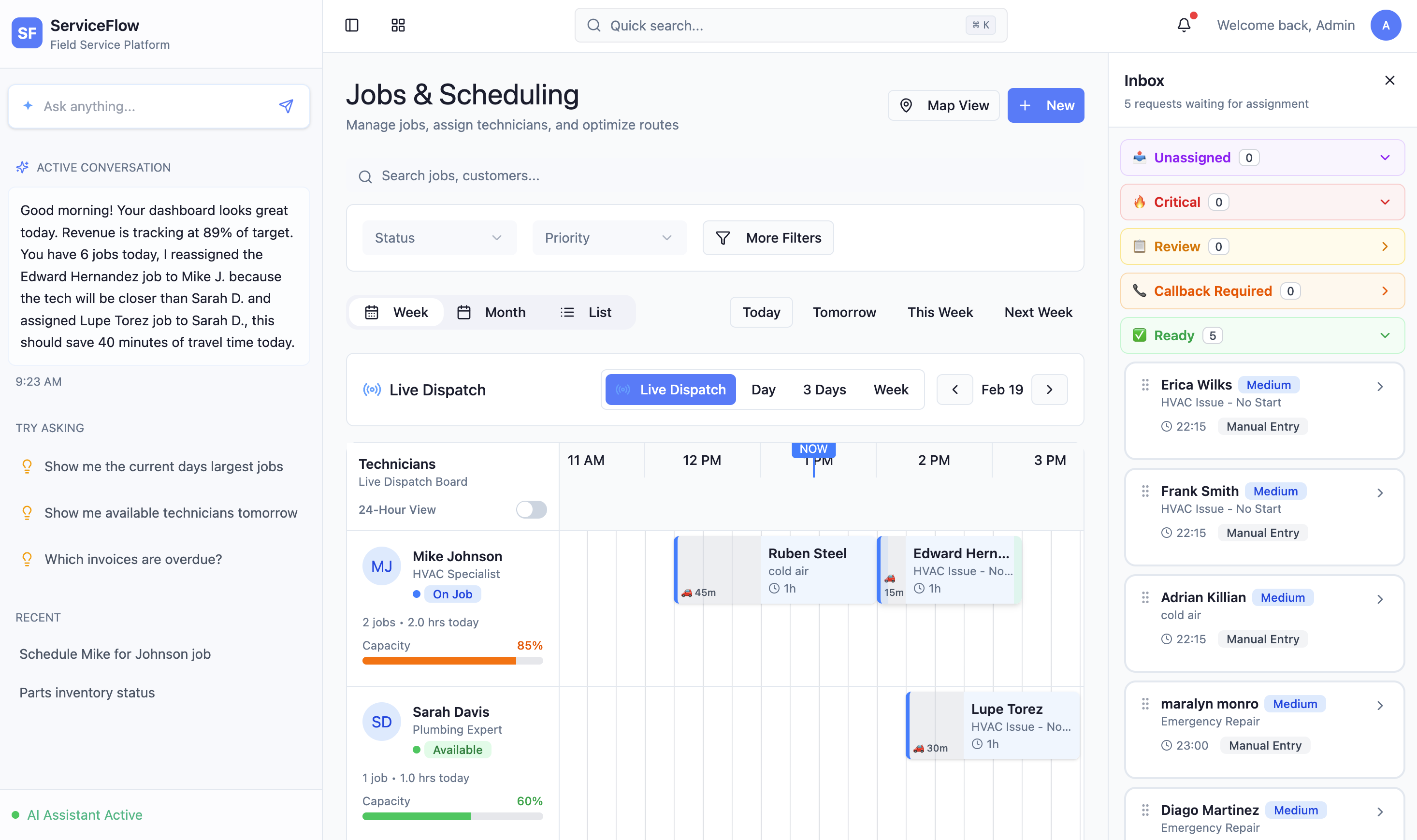 WowServe — incoming call answered by AI, job booked, tech dispatched automatically