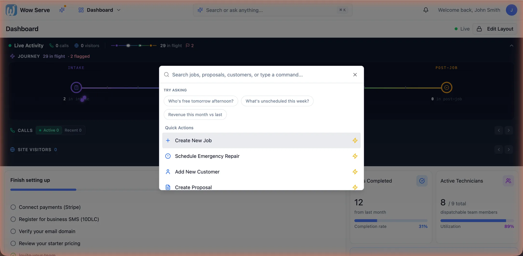The command palette open over the dashboard with natural-language suggestions like "Who's free tomorrow afternoon?" and quick actions like Create New Job