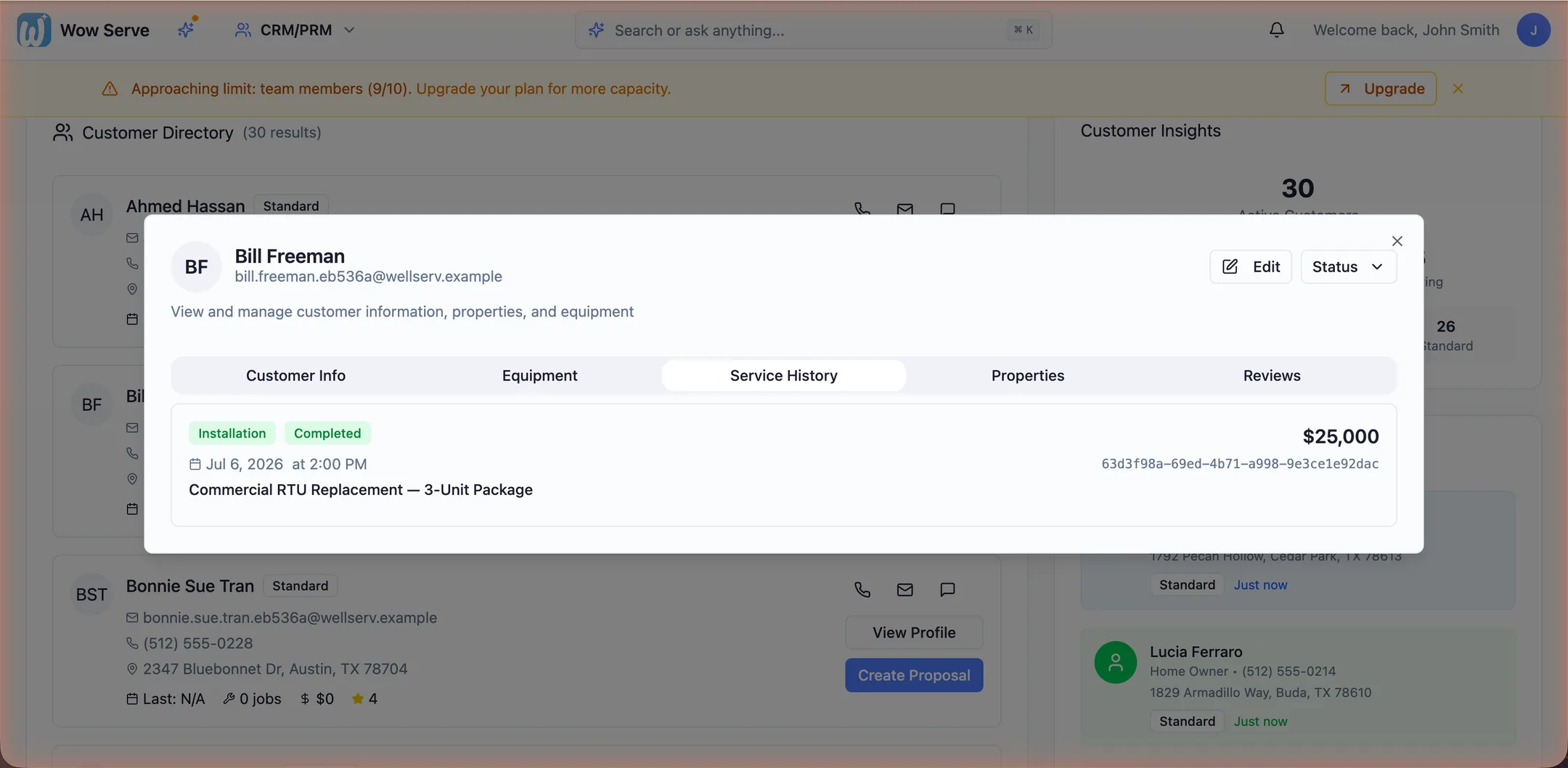 Customer profile with service history, including a completed $25,000 commercial installation, plus equipment, properties and reviews tabs