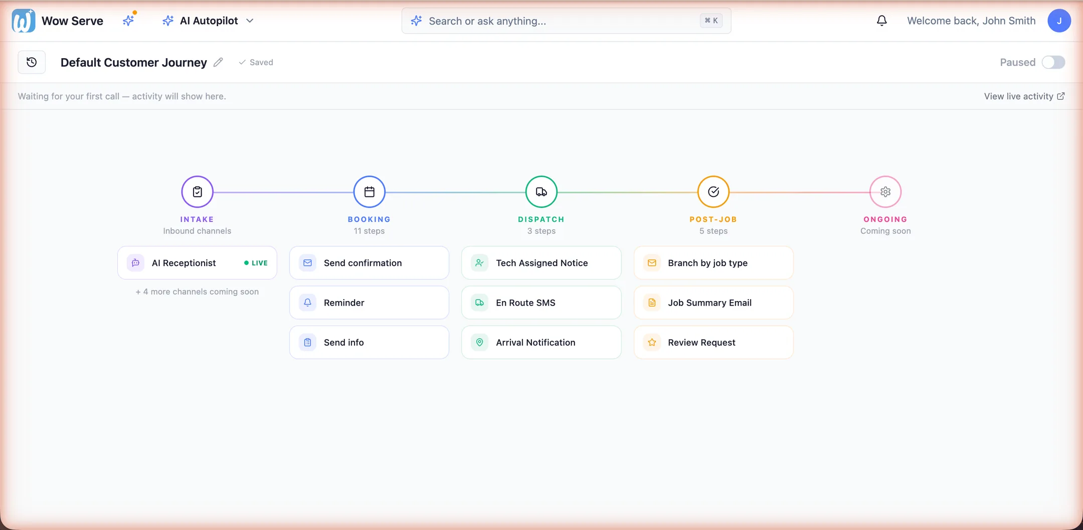 AI Autopilot customer journey canvas: intake, booking, dispatch and post-job touchpoints with the AI Receptionist channel live