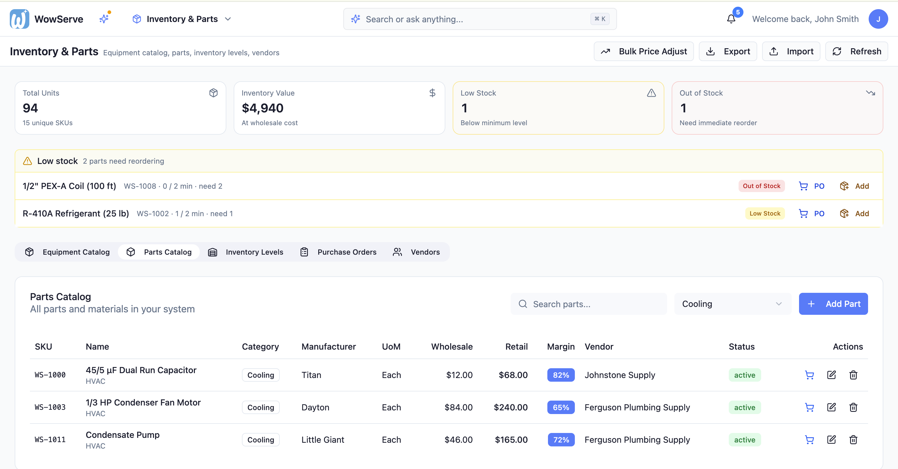 Inventory and parts with live stock levels, low-stock reorder alerts, purchase orders and vendors