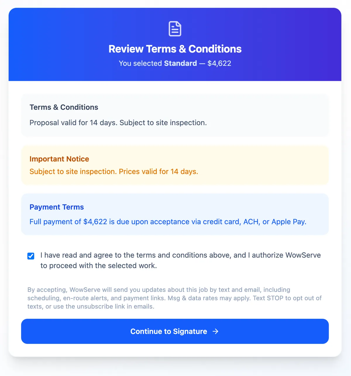 Review terms and conditions step with payment terms and acceptance checkbox