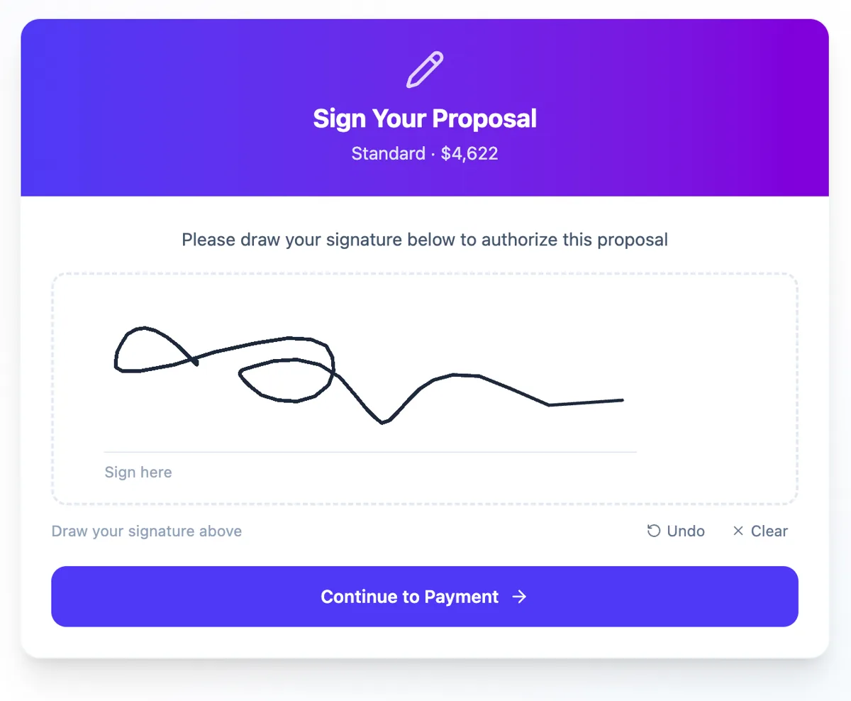 Signature step with a drawn signature authorizing the proposal