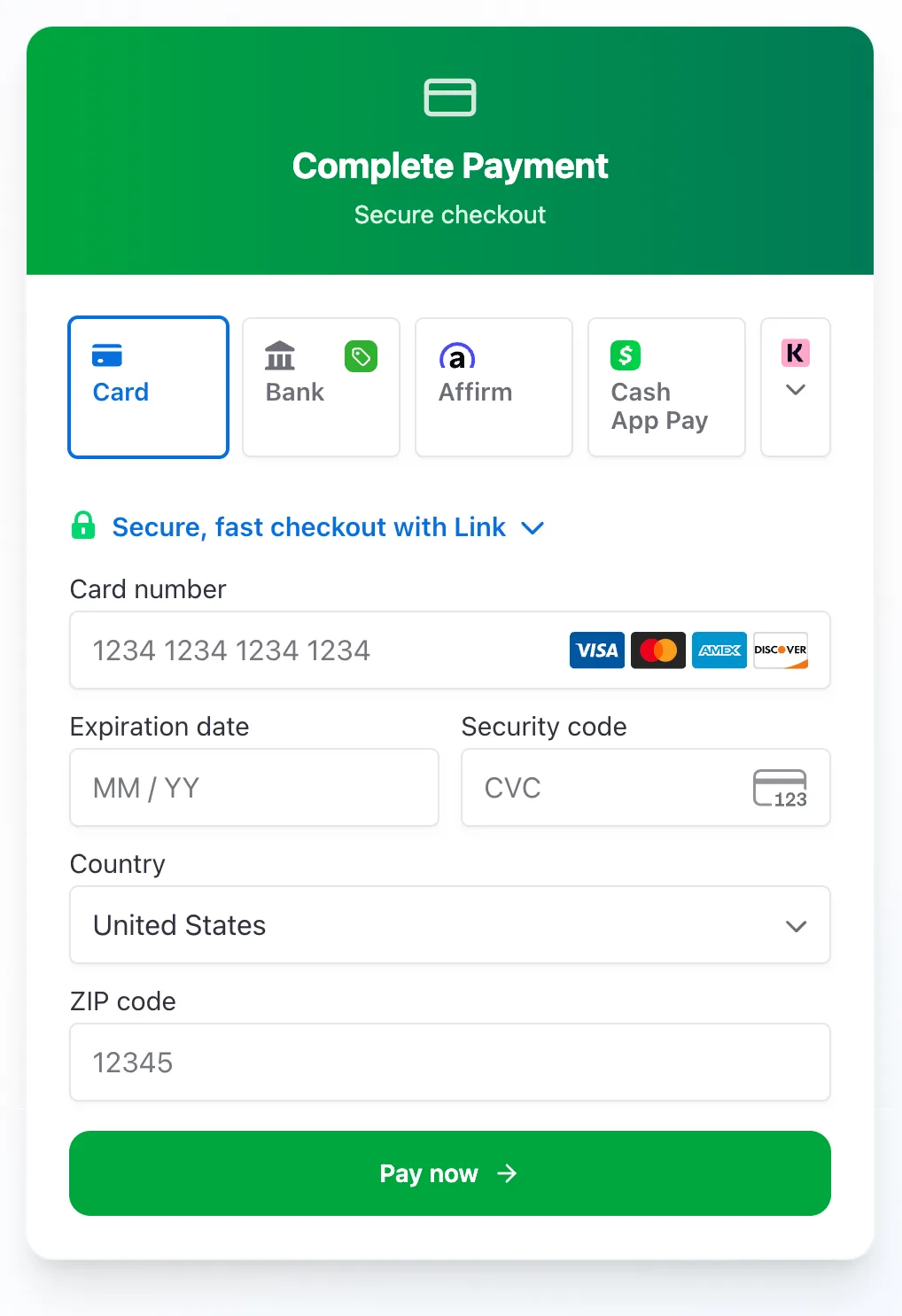 Secure checkout step with card, bank and Apple Pay payment options