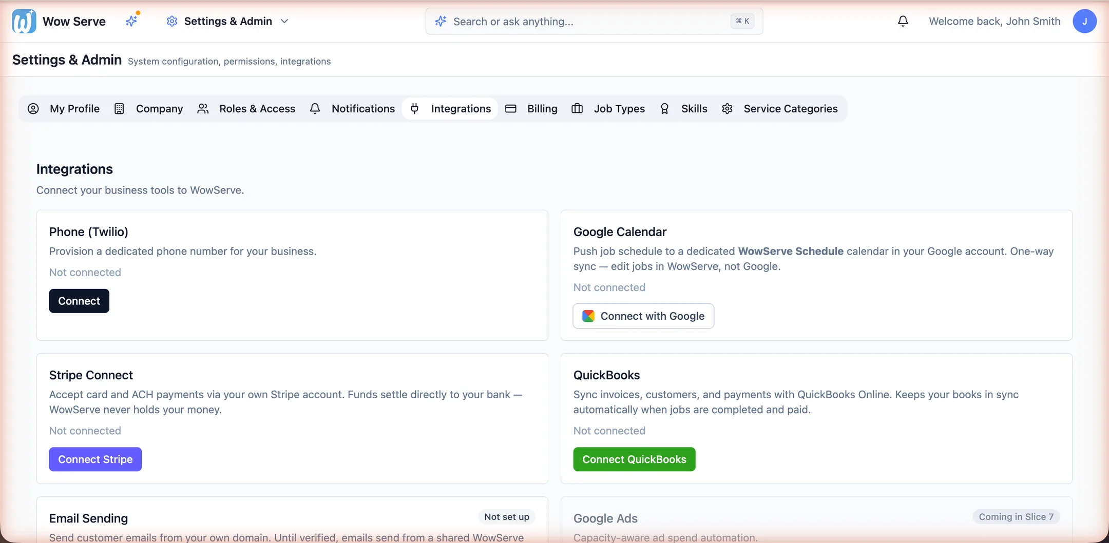 Integrations settings: connect your business phone, Google Calendar, Stripe payments and QuickBooks