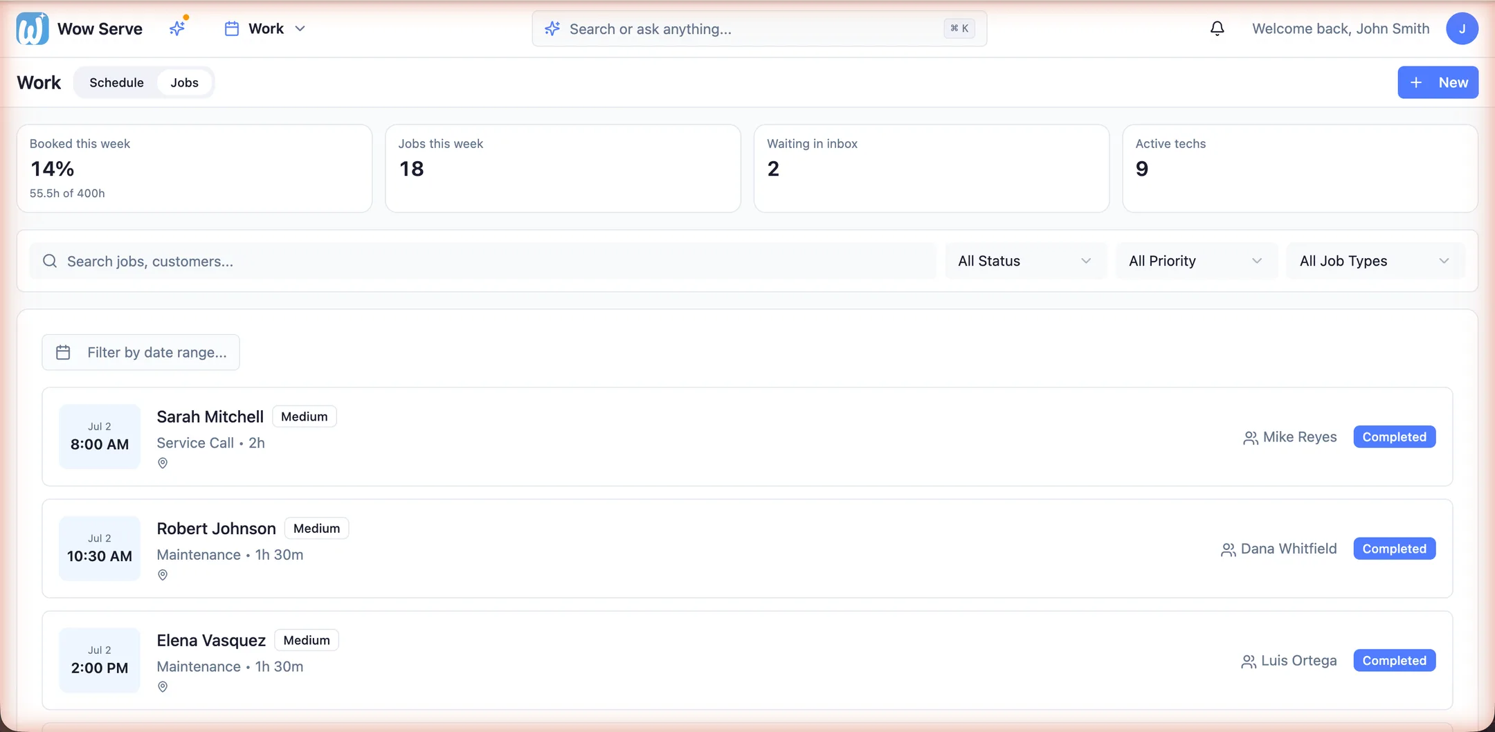 Jobs list view with weekly booking stats, statuses and filters